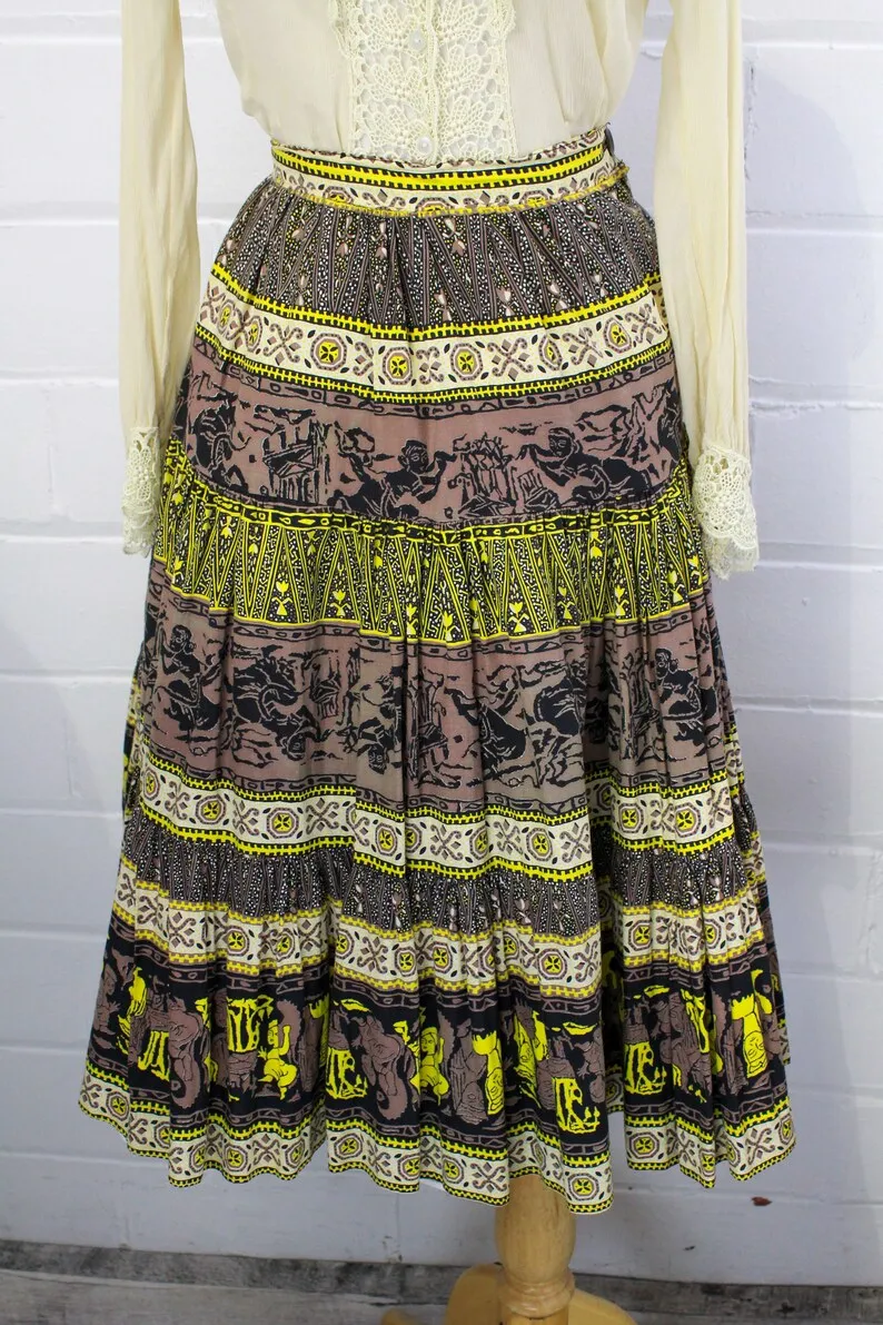 1950s Brown and Yellow Novelty Print Skirt, XS