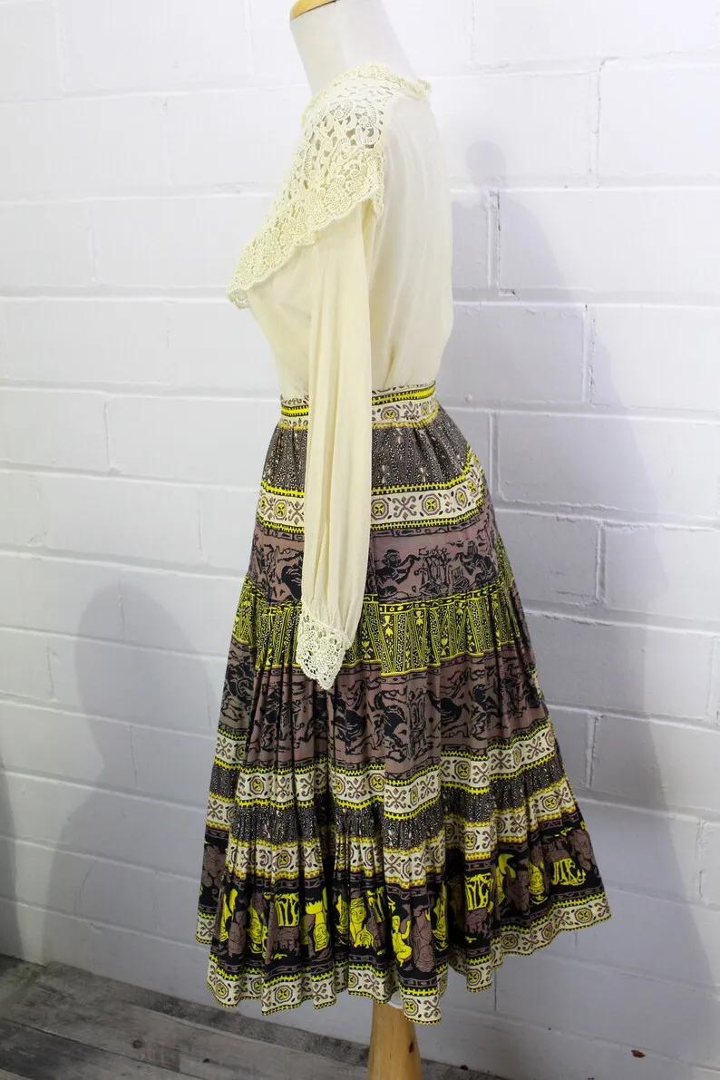 1950s Brown and Yellow Novelty Print Skirt, XS