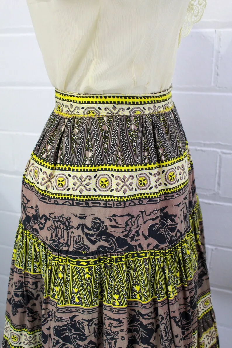 1950s Brown and Yellow Novelty Print Skirt, XS