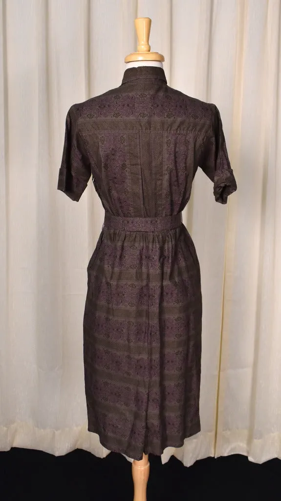 1950s Brown Floral Shirt Sheath Dress