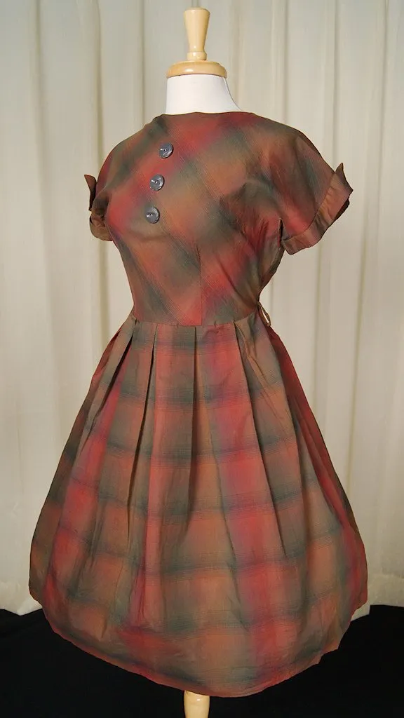 1950s Brown Plaid Swing Dress