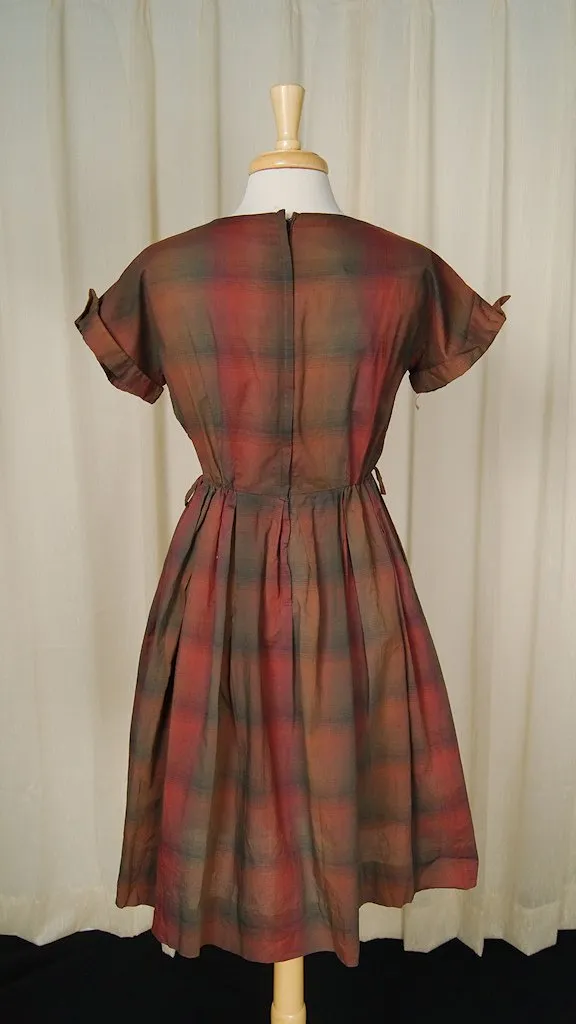 1950s Brown Plaid Swing Dress