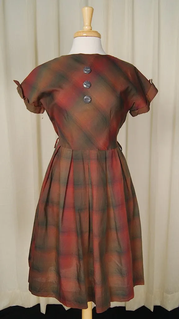 1950s Brown Plaid Swing Dress