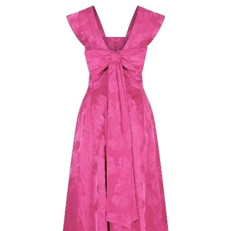 1950s Magenta Jacquard Print Floral Evening Dress