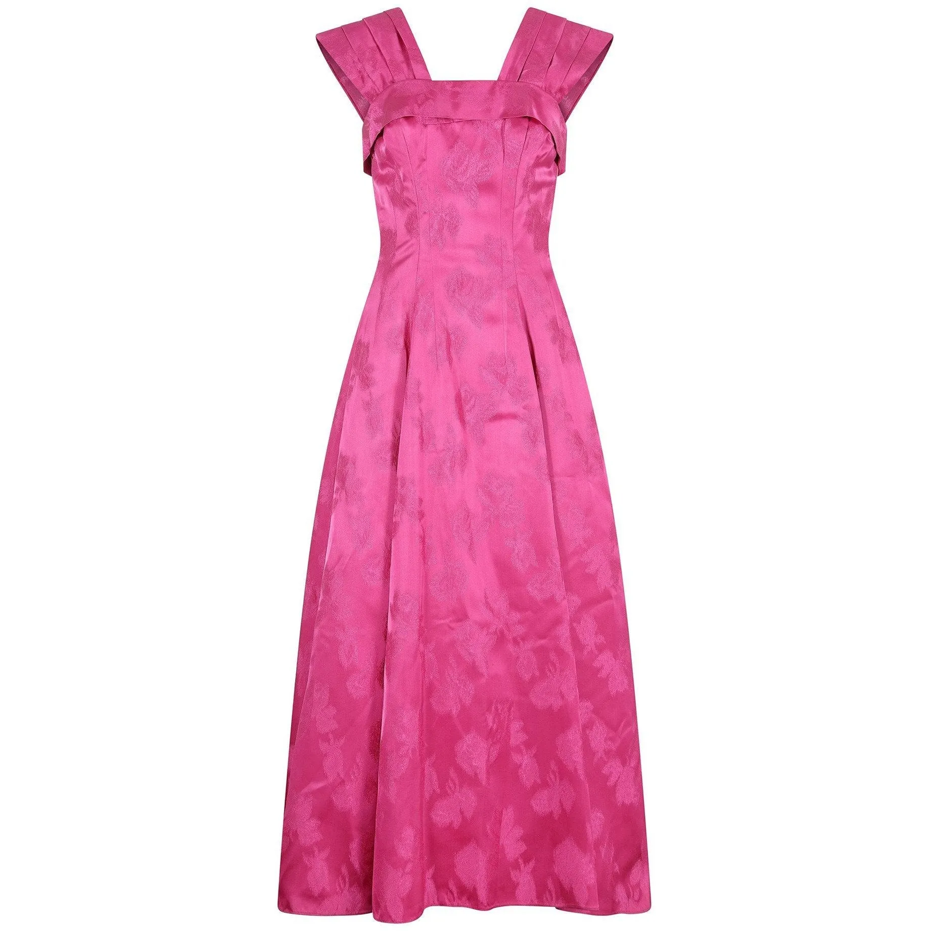 1950s Magenta Jacquard Print Floral Evening Dress