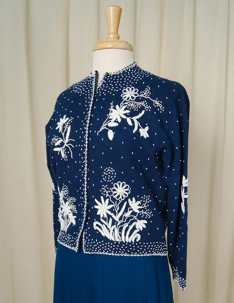 1950s Navy Beaded Cardigan