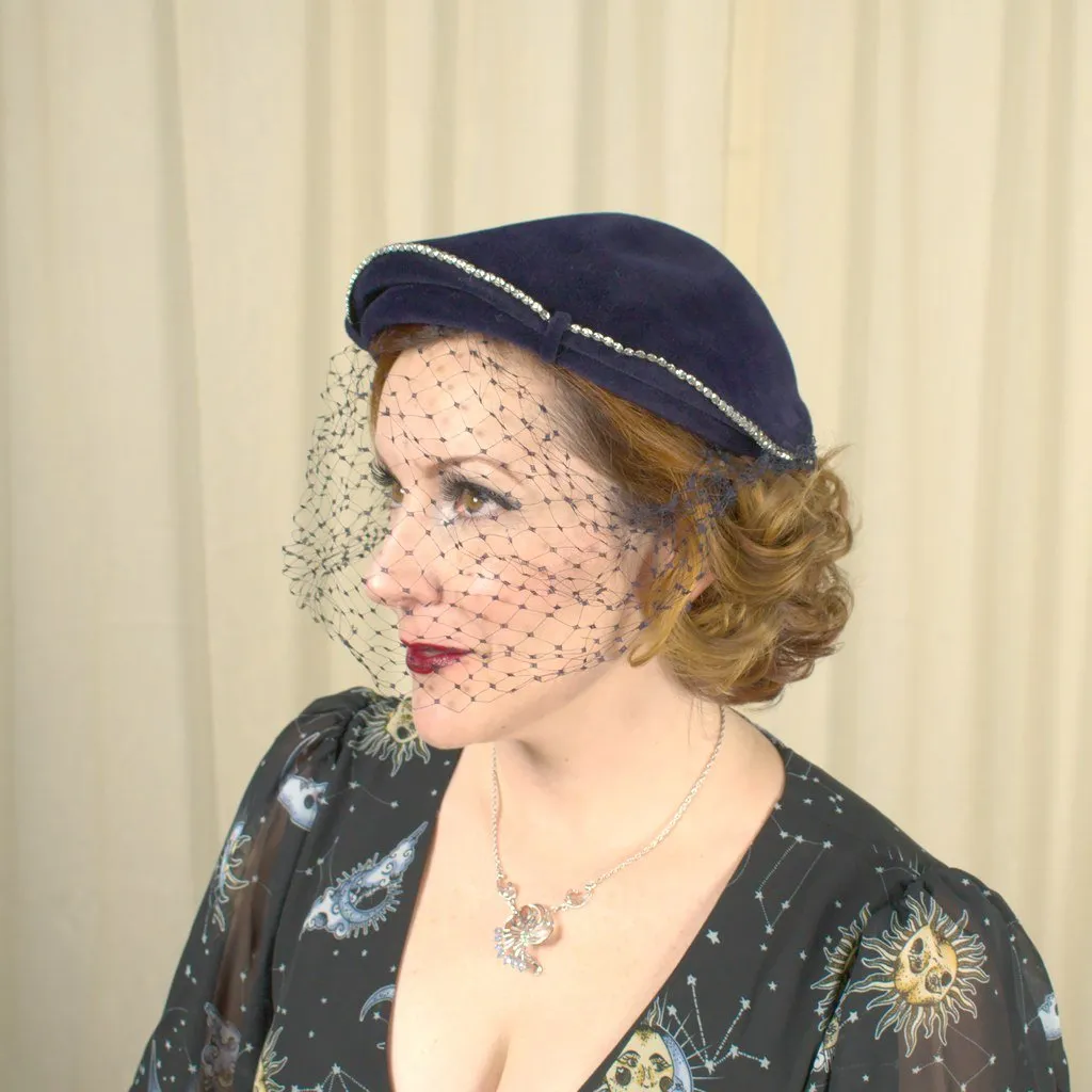 1950s Rich Navy Rhinestone Hat