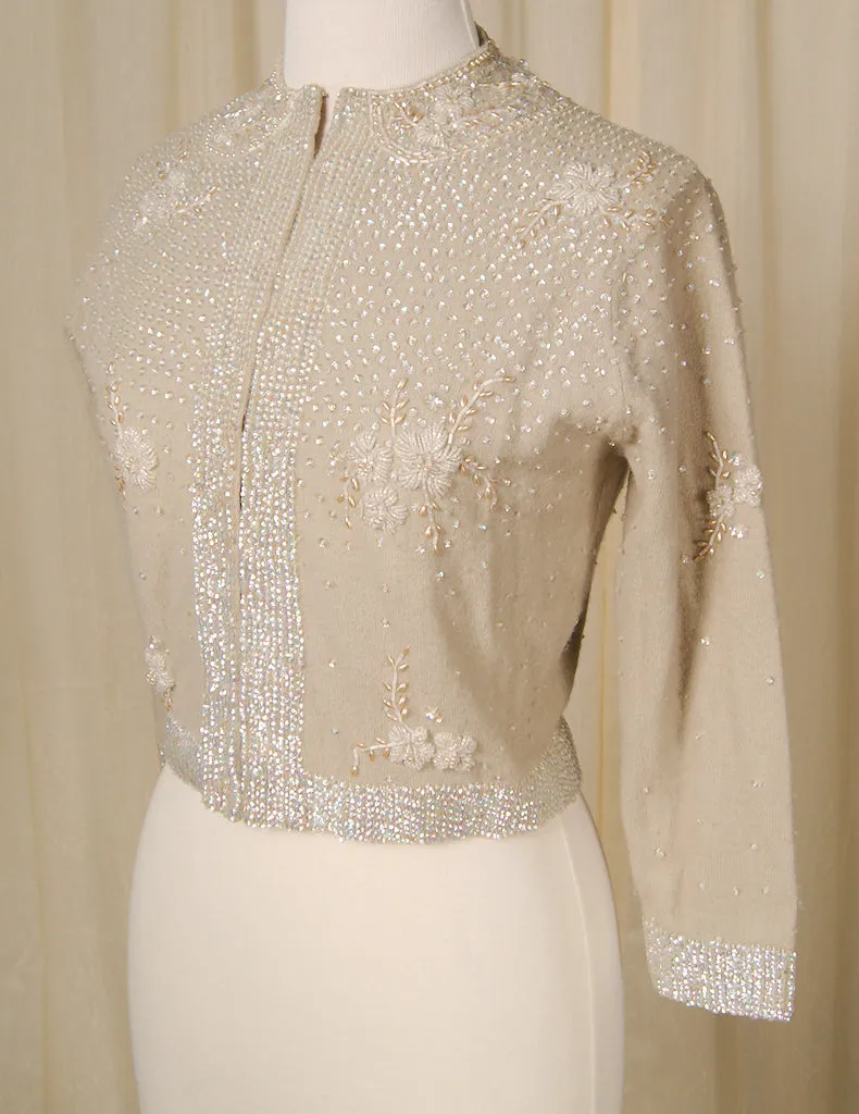 1950s Taupe Beaded Cardigan