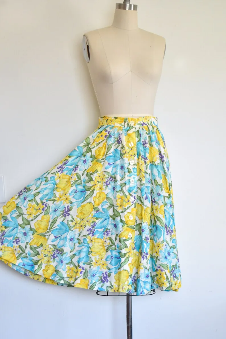 1950s/60s J. Tiktiner Blue and Yellow Floral Button Front Skirt, 27" Waist