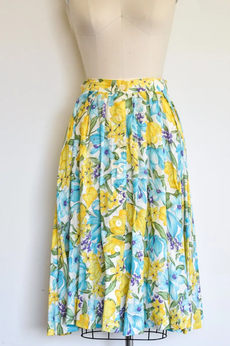 1950s/60s J. Tiktiner Blue and Yellow Floral Button Front Skirt, 27" Waist