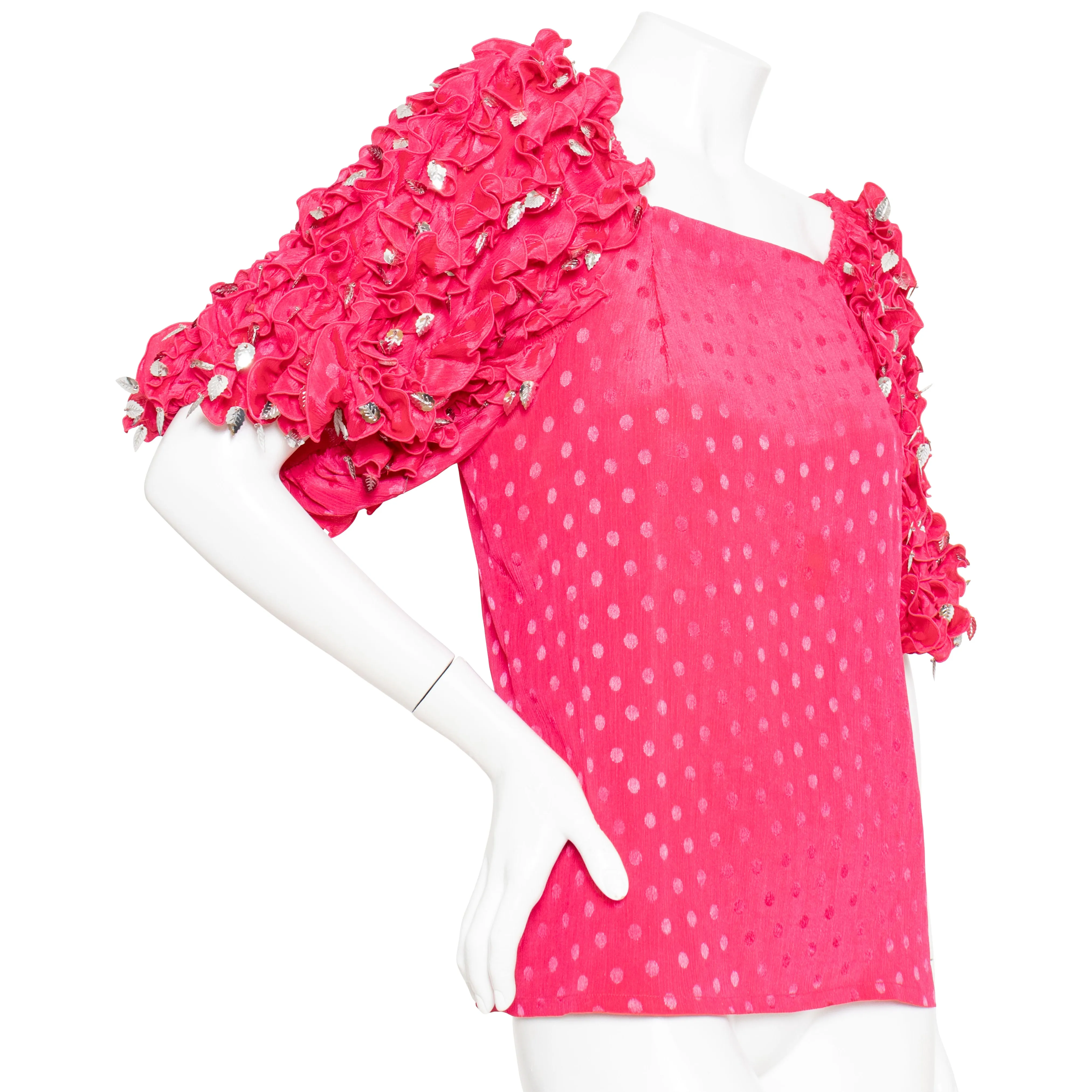 1980s Pink Polka Dot Ruffled Top