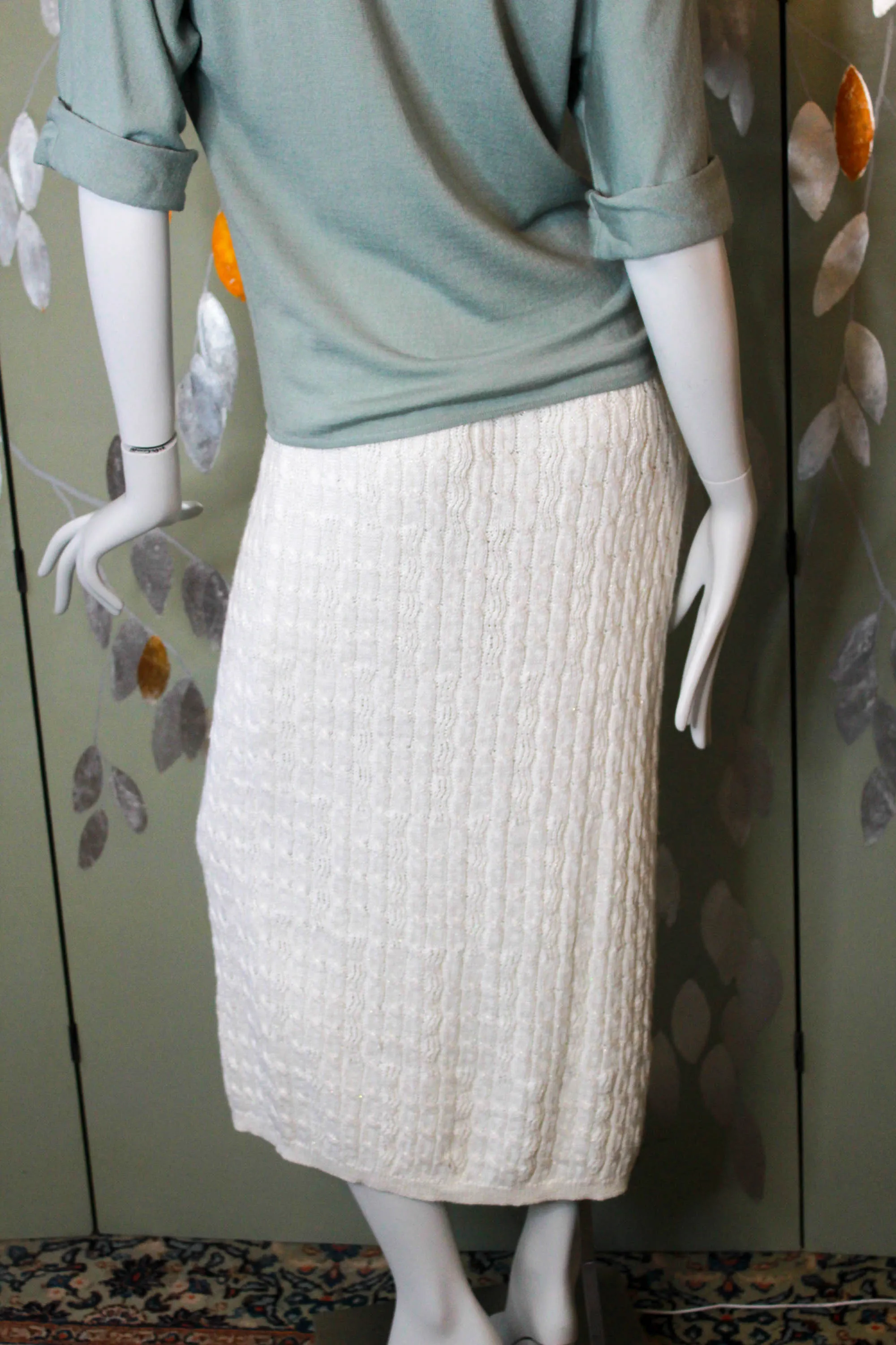 80s Sparkly White Knit Pencil Skirt, Waist 26"-30"