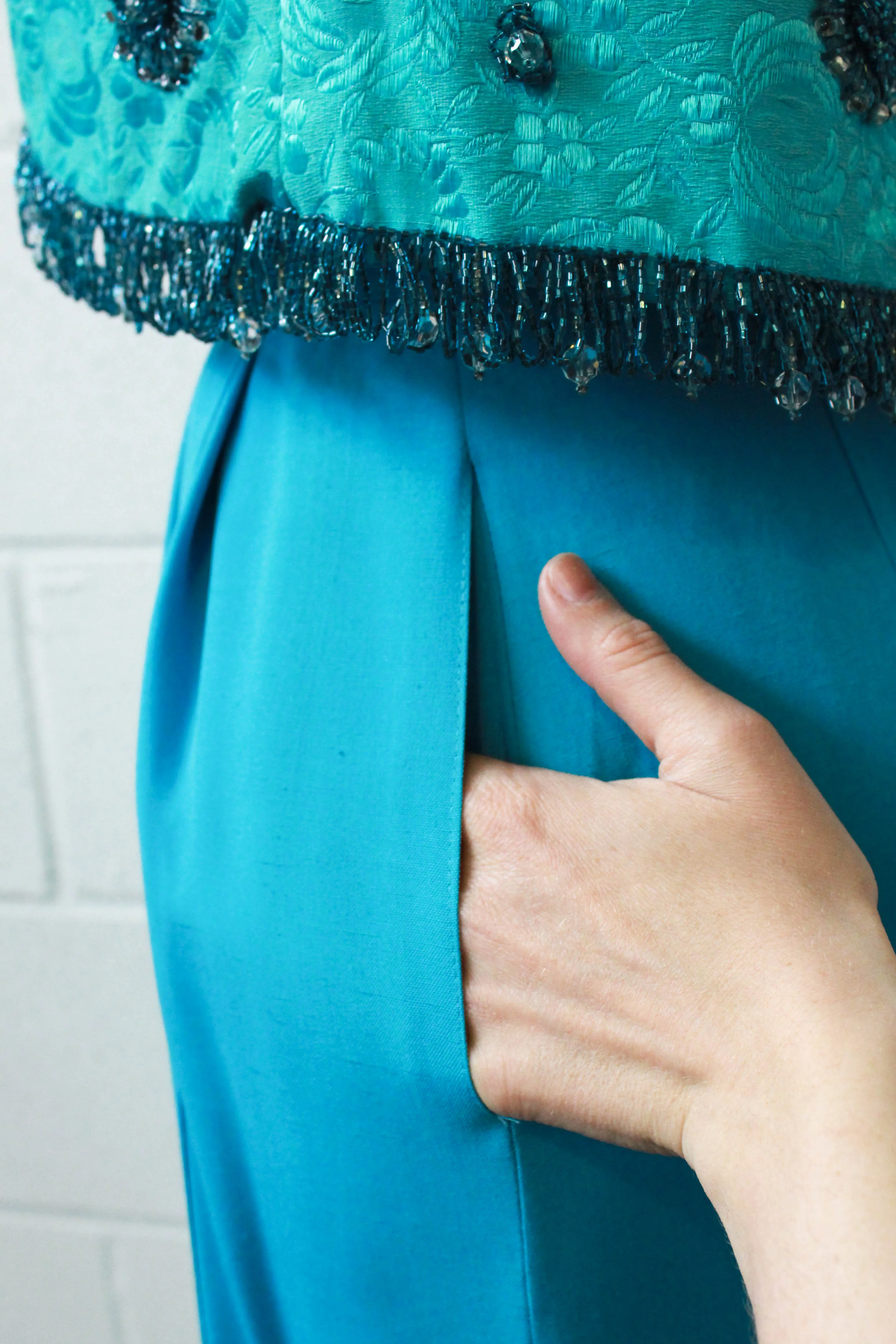 80s Turquoise Blue Midi Skirt, Waist 26"