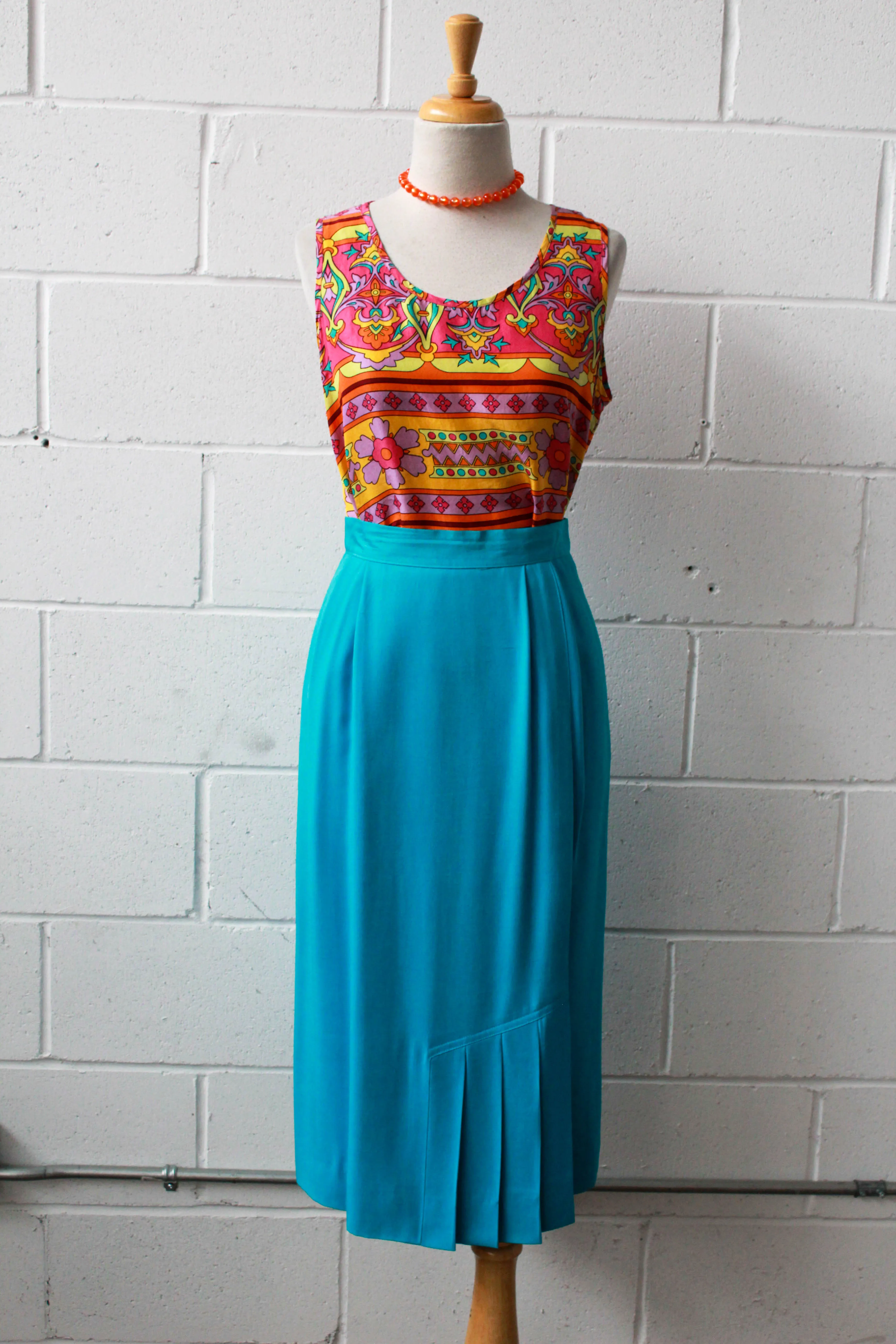 80s Turquoise Blue Midi Skirt, Waist 26"