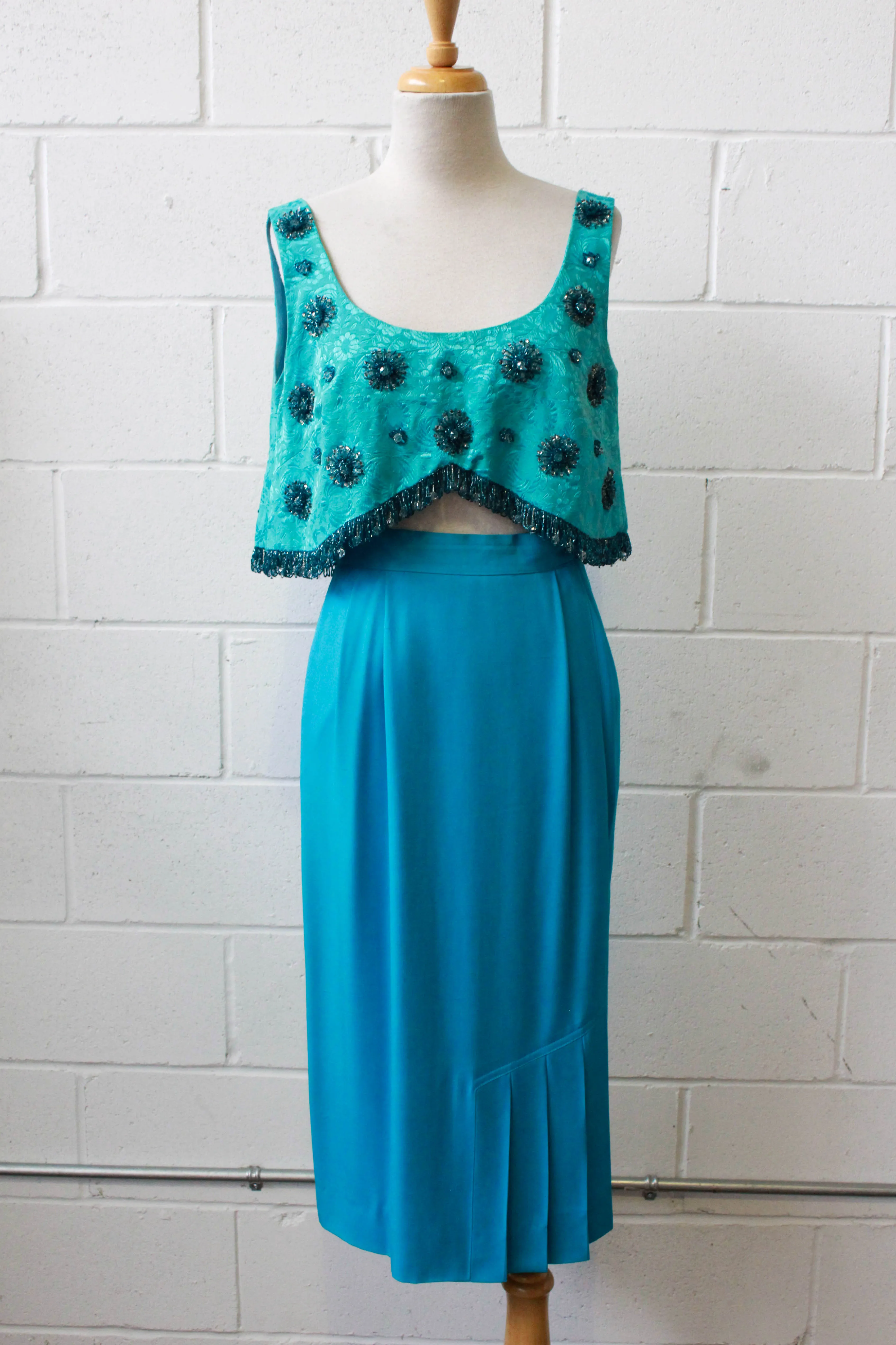 80s Turquoise Blue Midi Skirt, Waist 26"