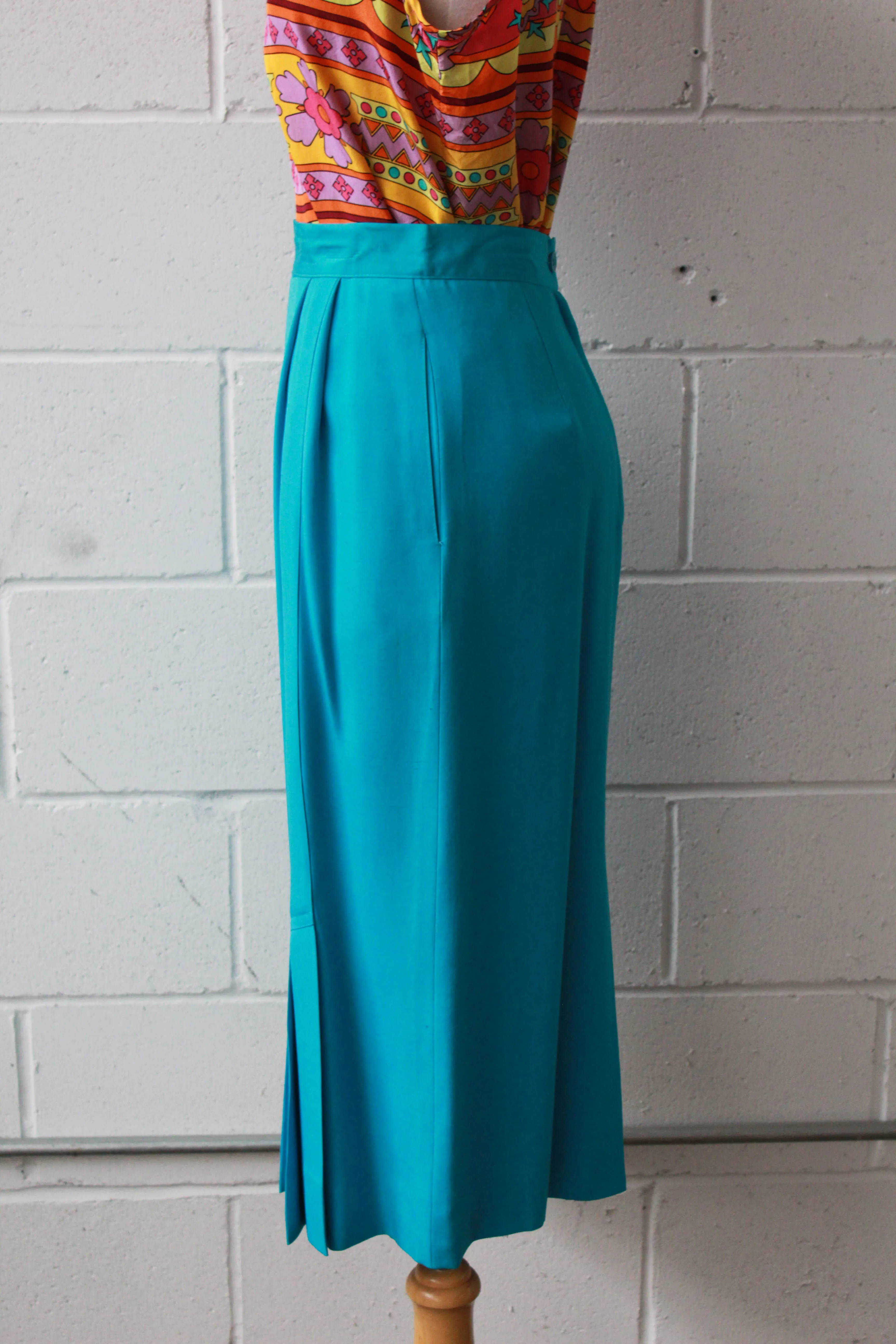 80s Turquoise Blue Midi Skirt, Waist 26"