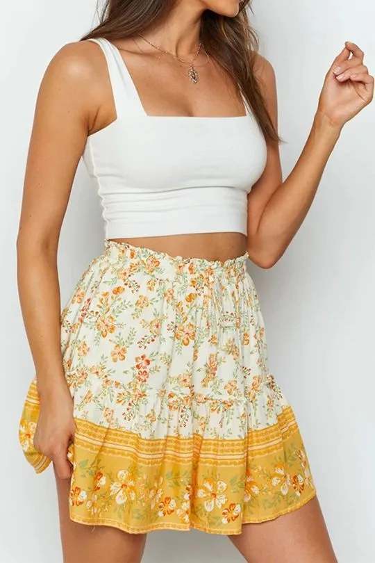 Aesthetic Hibiscus Paisley Elastic Band Boho Floral Tie Front High Waist Layered Ruffle Floral Skirt