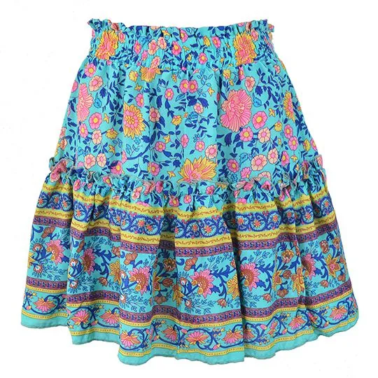 Aesthetic Hibiscus Paisley Elastic Band Boho Floral Tie Front High Waist Layered Ruffle Floral Skirt