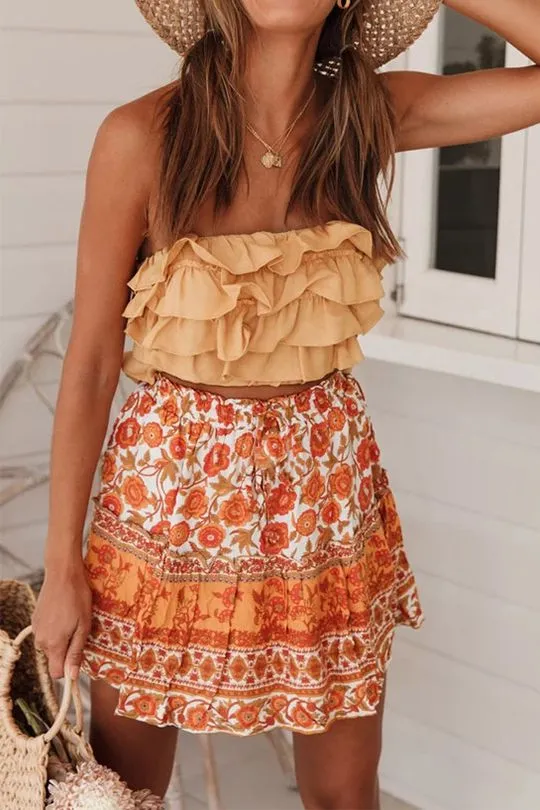 Aesthetic Hibiscus Paisley Elastic Band Boho Floral Tie Front High Waist Layered Ruffle Floral Skirt