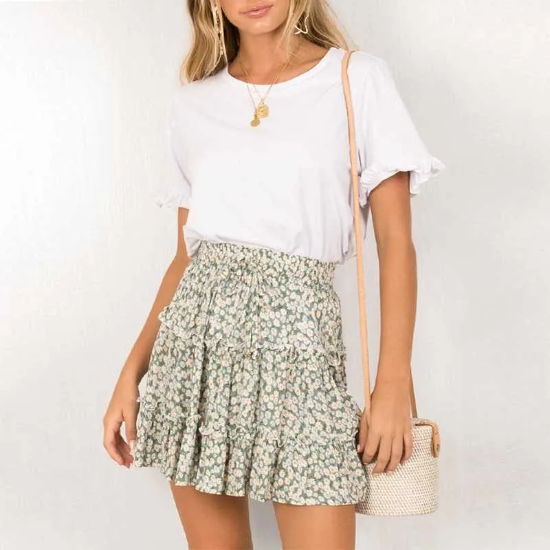 Aesthetic Hibiscus Paisley Elastic Band Boho Floral Tie Front High Waist Layered Ruffle Floral Skirt