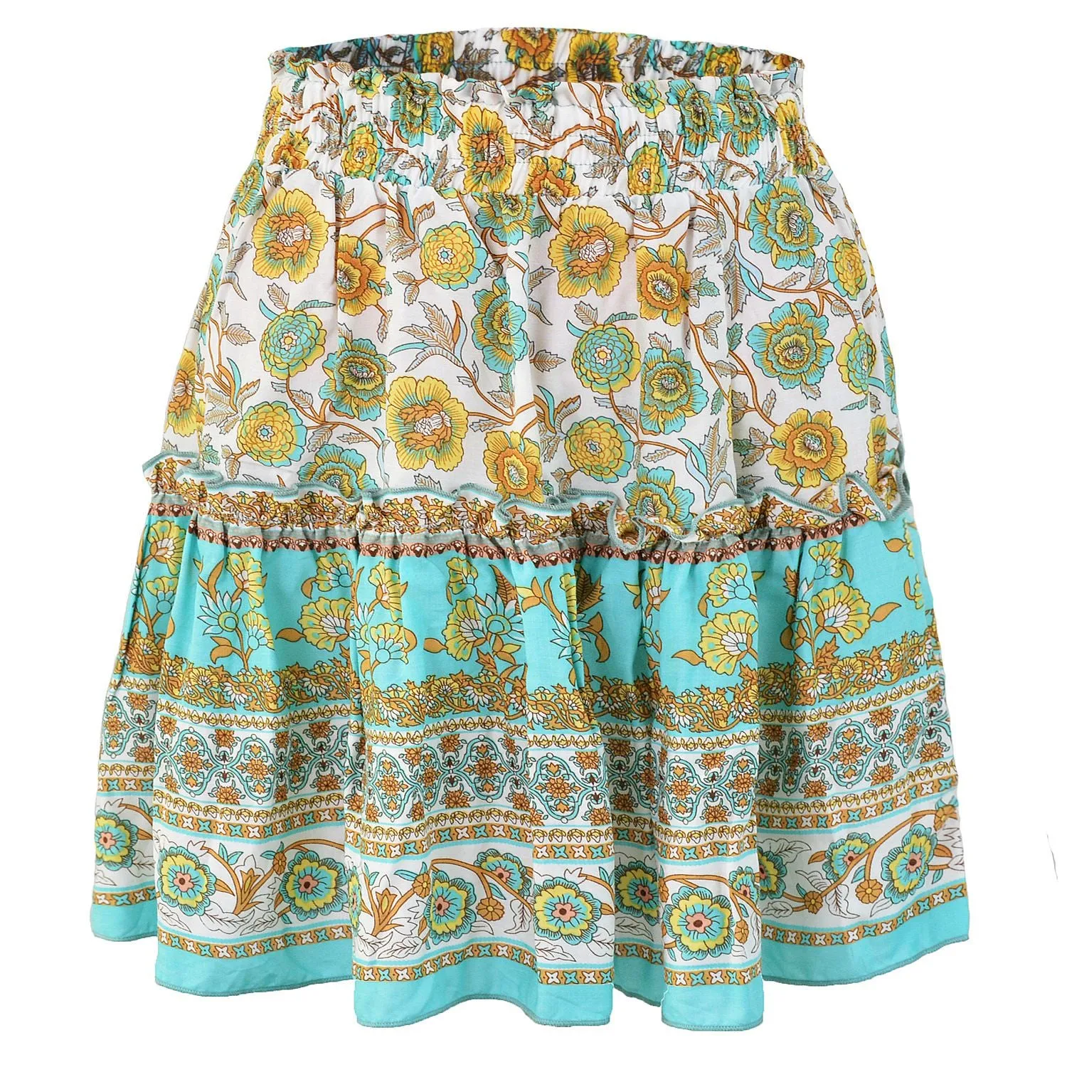 Aesthetic Hibiscus Paisley Elastic Band Boho Floral Tie Front High Waist Layered Ruffle Floral Skirt