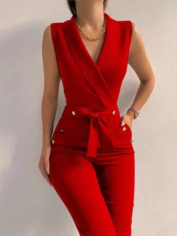 Alpha C Apparel Women V-Neck Lace Up Jumpsuit Casual Sleeveless Wide Leg Pants