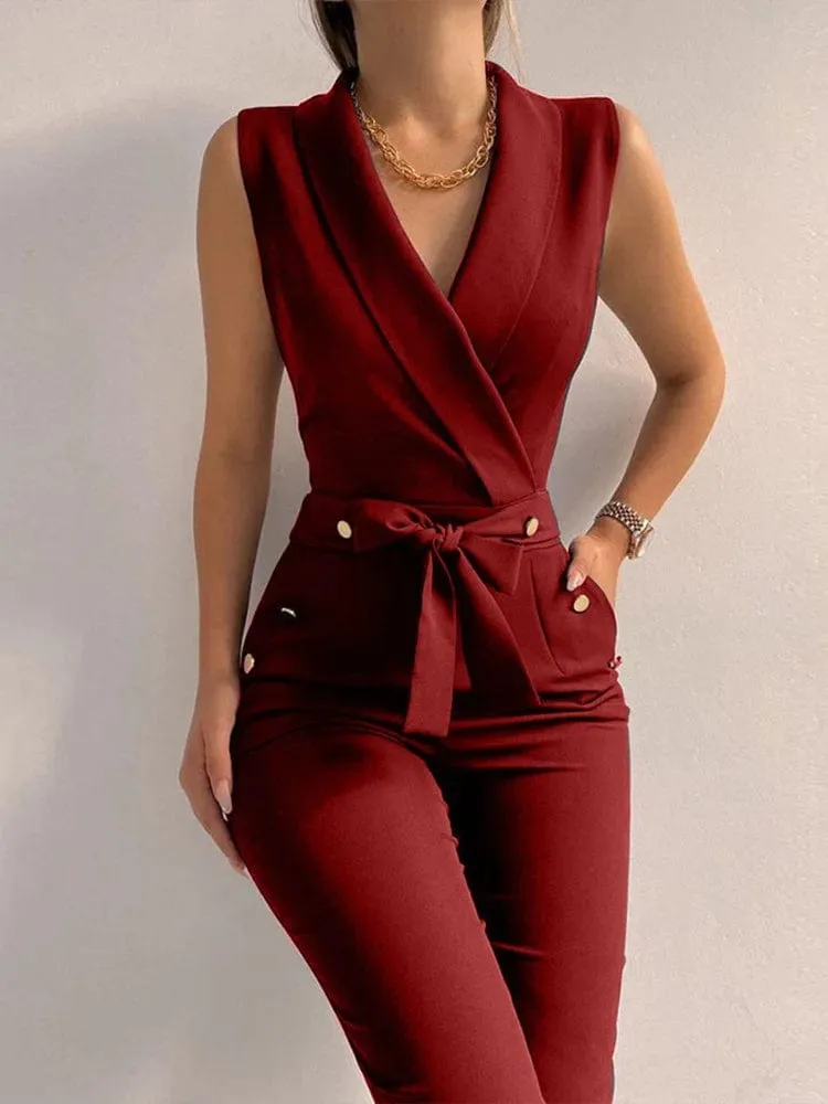 Alpha C Apparel Women V-Neck Lace Up Jumpsuit Casual Sleeveless Wide Leg Pants