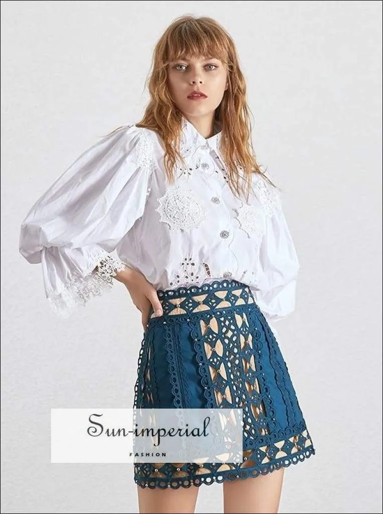 American Honey Skirt in Blue- Elegant Lace Skirt High Patchwork Mini Skirt