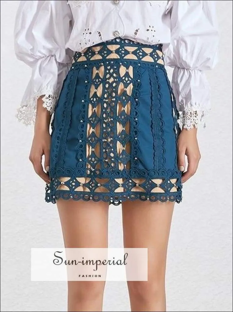 American Honey Skirt in Blue- Elegant Lace Skirt High Patchwork Mini Skirt