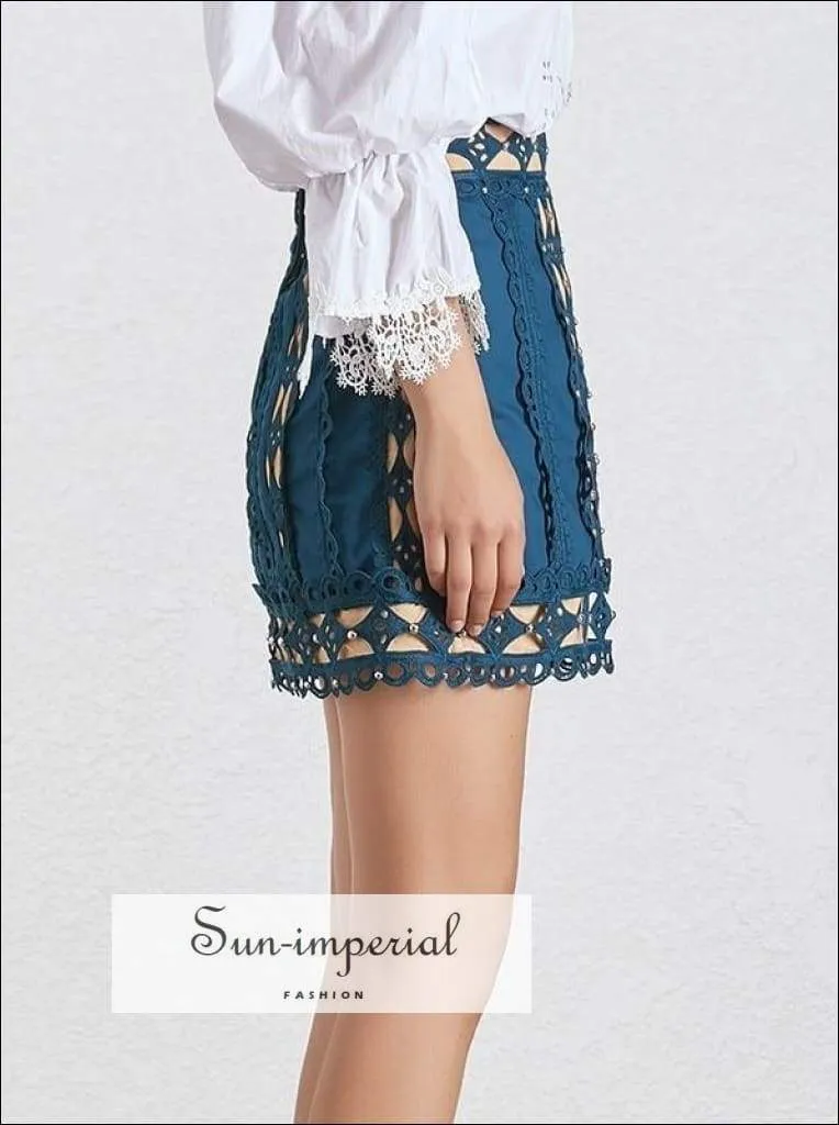 American Honey Skirt in Blue- Elegant Lace Skirt High Patchwork Mini Skirt