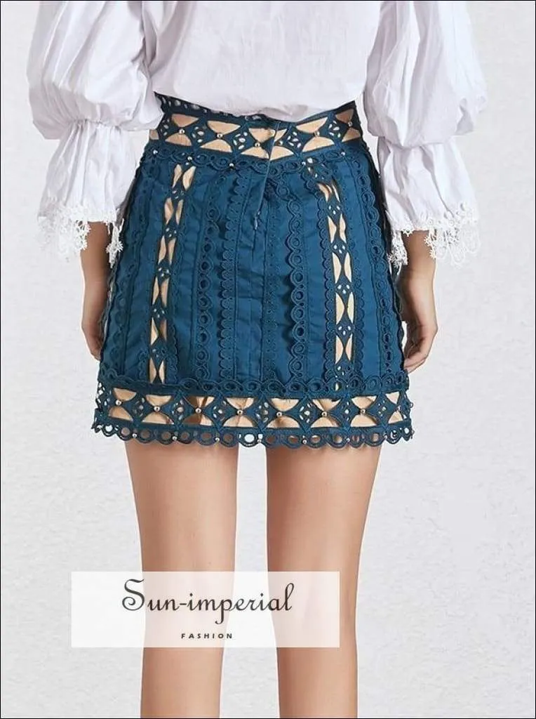 American Honey Skirt in Blue- Elegant Lace Skirt High Patchwork Mini Skirt