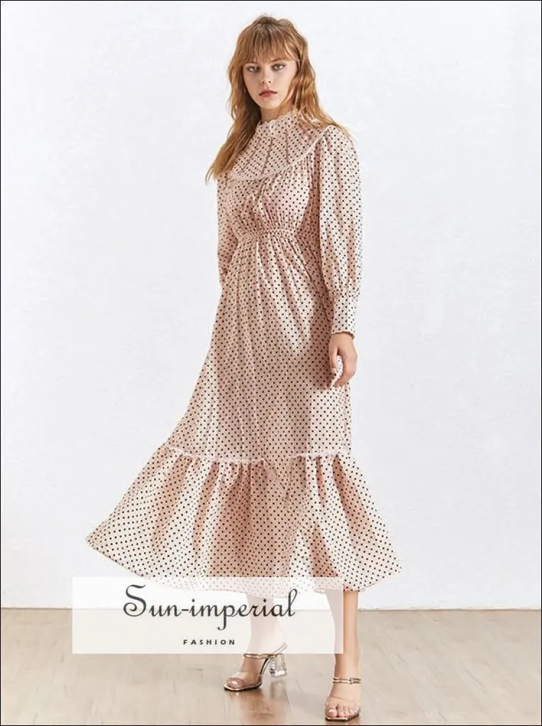 April Dress- Polka Dot Lace Patchwork Dress Turtleneck Collar Lantern Sleeve