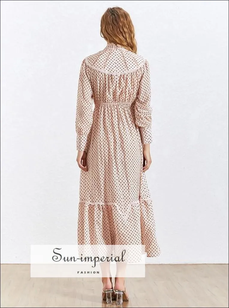 April Dress- Polka Dot Lace Patchwork Dress Turtleneck Collar Lantern Sleeve