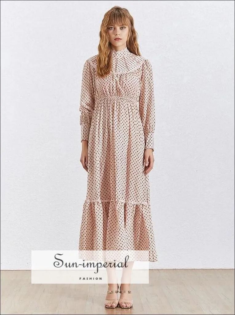 April Dress- Polka Dot Lace Patchwork Dress Turtleneck Collar Lantern Sleeve