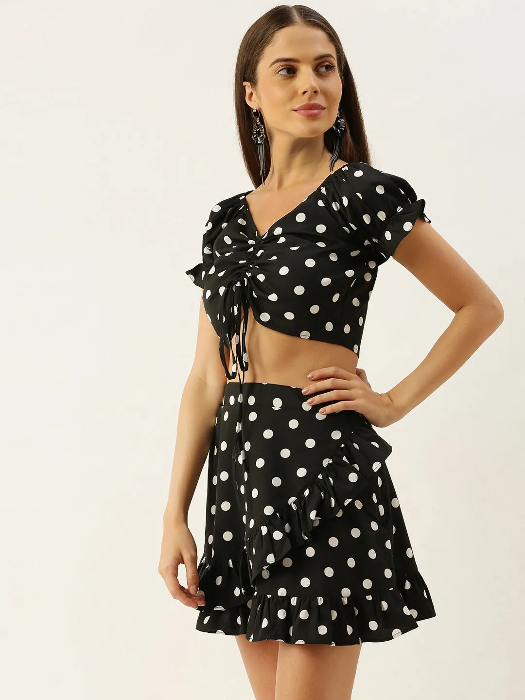 Berrylush Women Black Polka Dot Printed V-Neck Fit & Flare Co-Ordinate Mini Dress