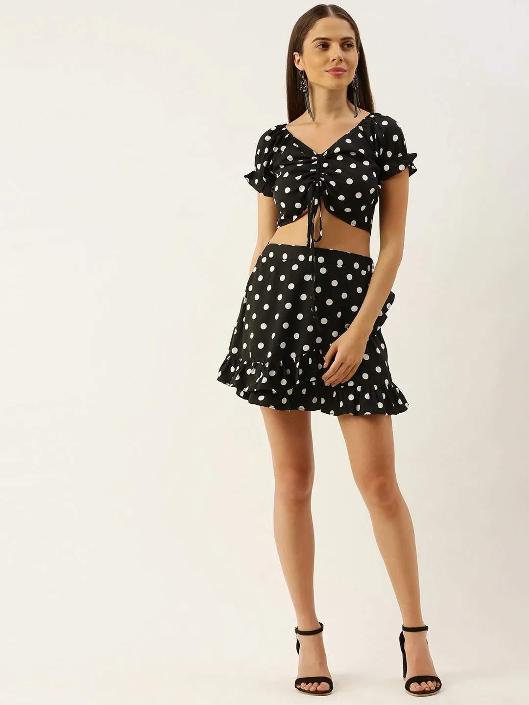 Berrylush Women Black Polka Dot Printed V-Neck Fit & Flare Co-Ordinate Mini Dress