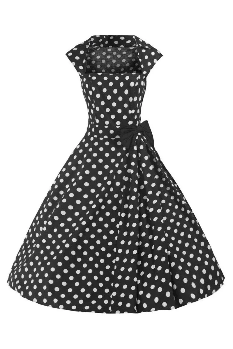 Black and White 50s Polka Dot Swing Bow Dress