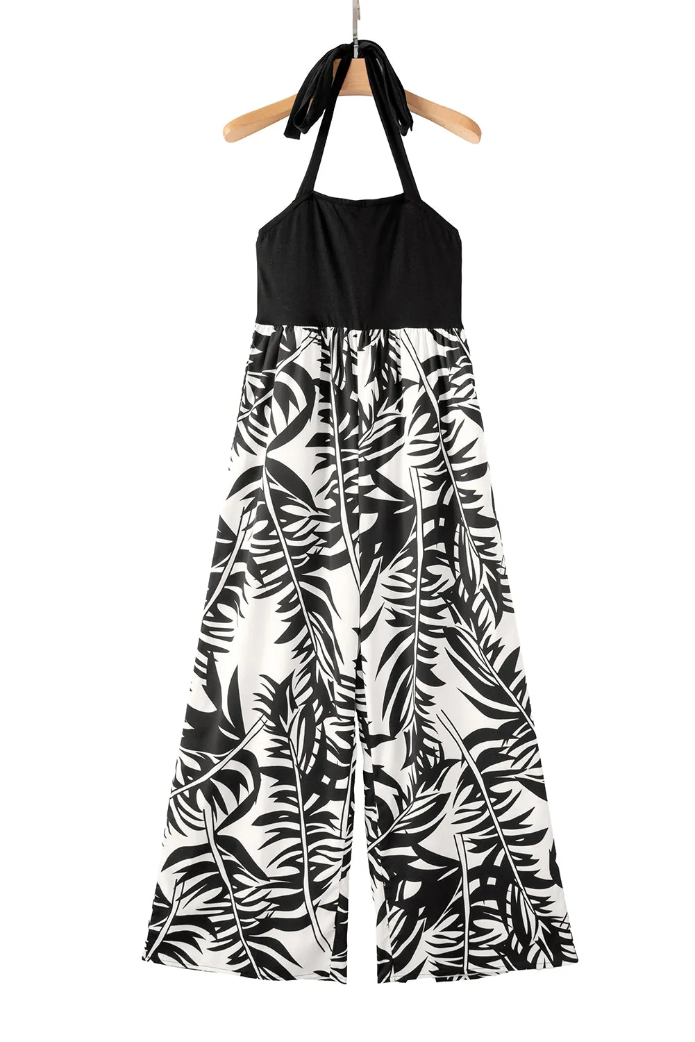 Black Halter Tropical Plant Print Wide Leg Jumpsuit