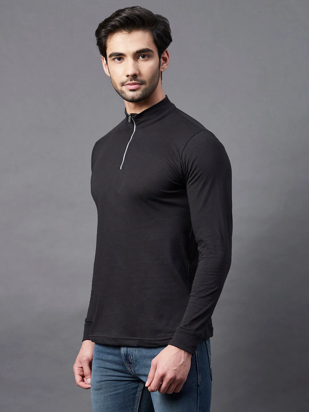 Black Zip Neck Full Sleeve Cotton T-Shirt