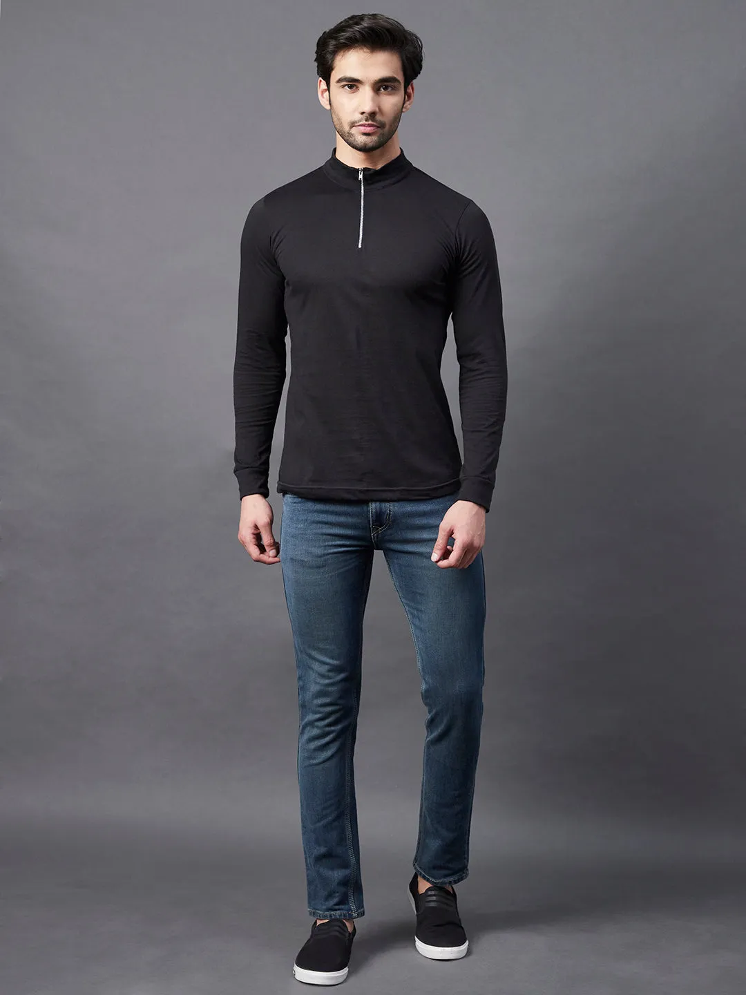 Black Zip Neck Full Sleeve Cotton T-Shirt