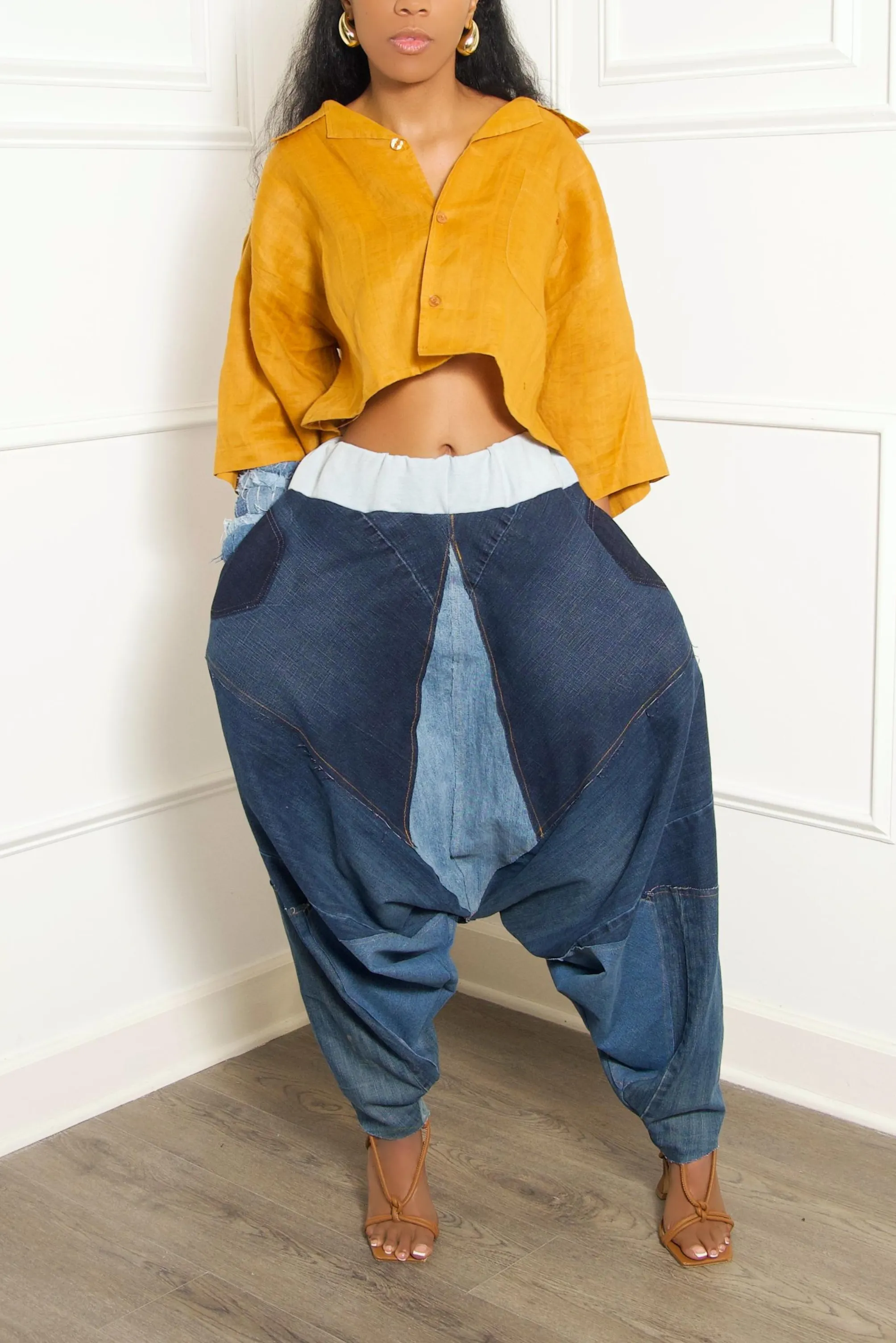 Blue & light Denim waist Patchwork Hangman Harem Pants- MTO