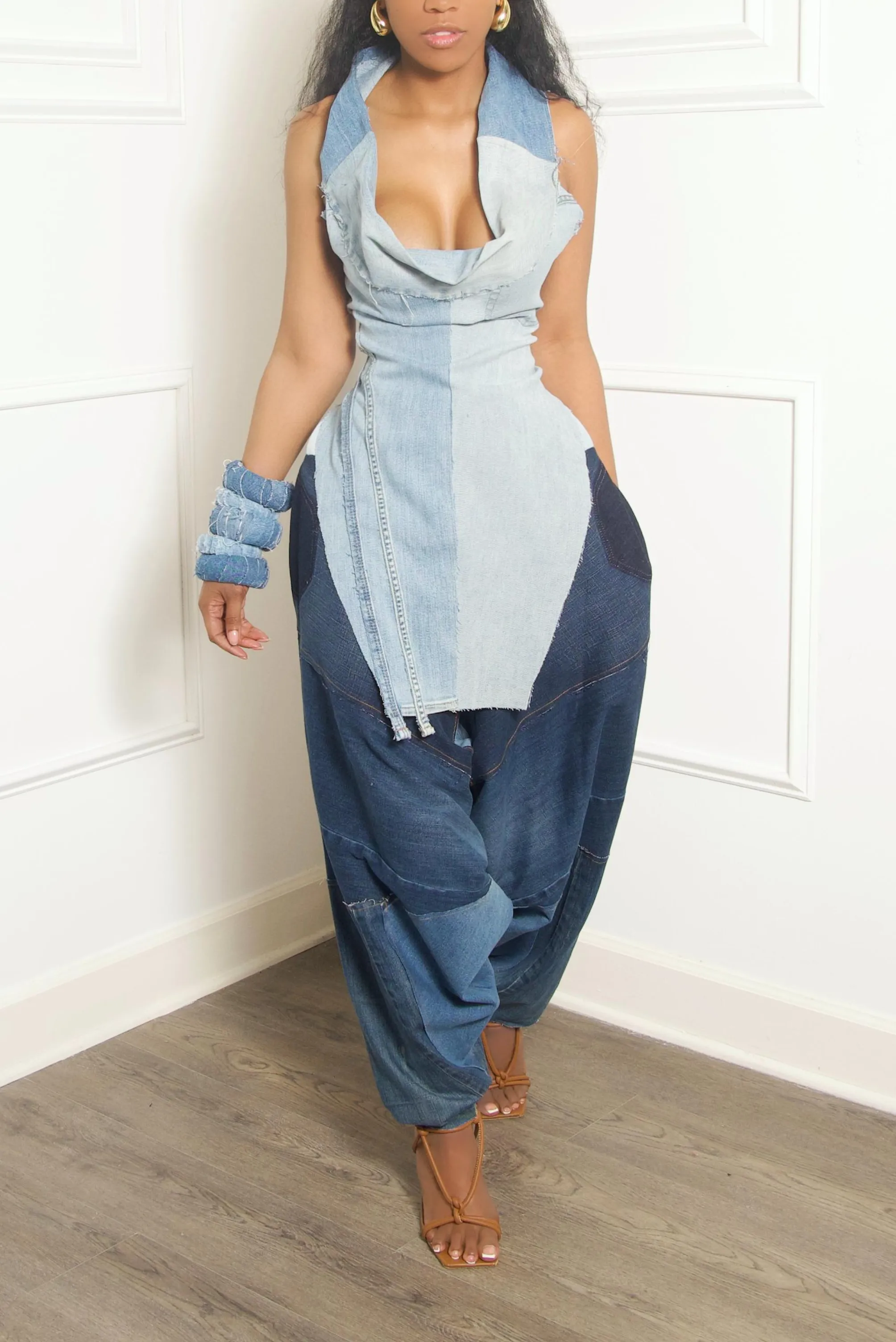 Blue & light Denim waist Patchwork Hangman Harem Pants- MTO