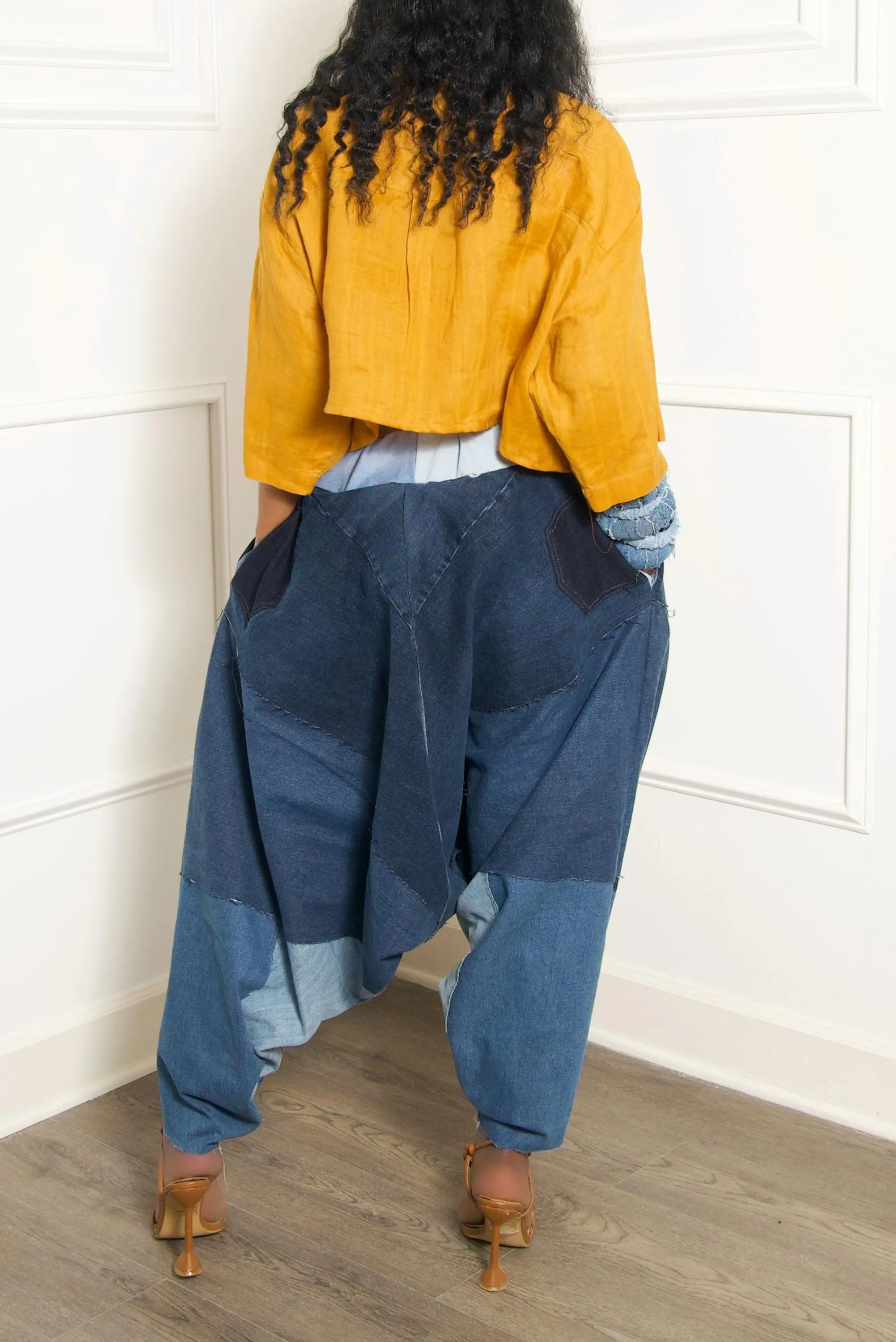 Blue & light Denim waist Patchwork Hangman Harem Pants- MTO