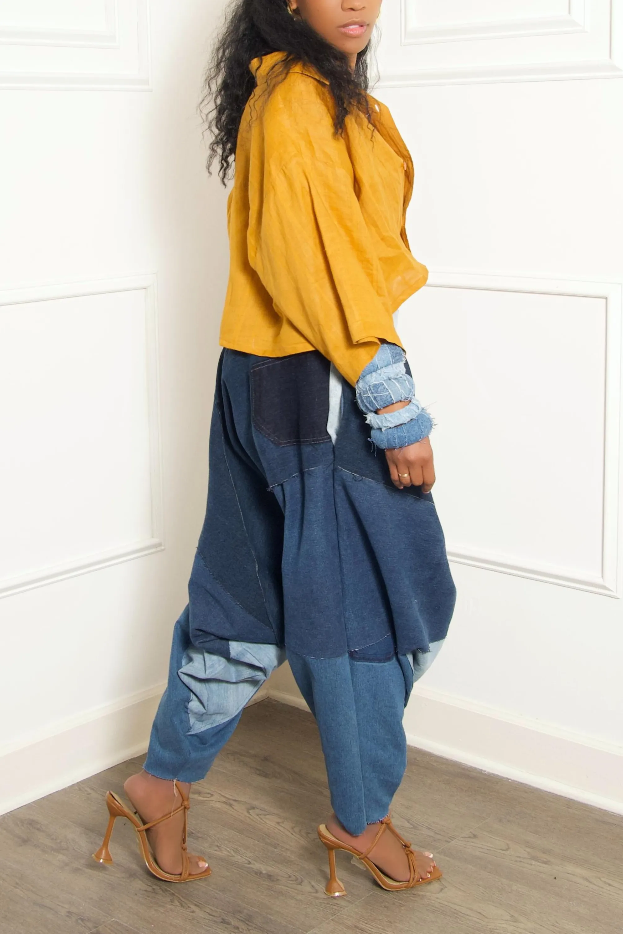 Blue & light Denim waist Patchwork Hangman Harem Pants- MTO