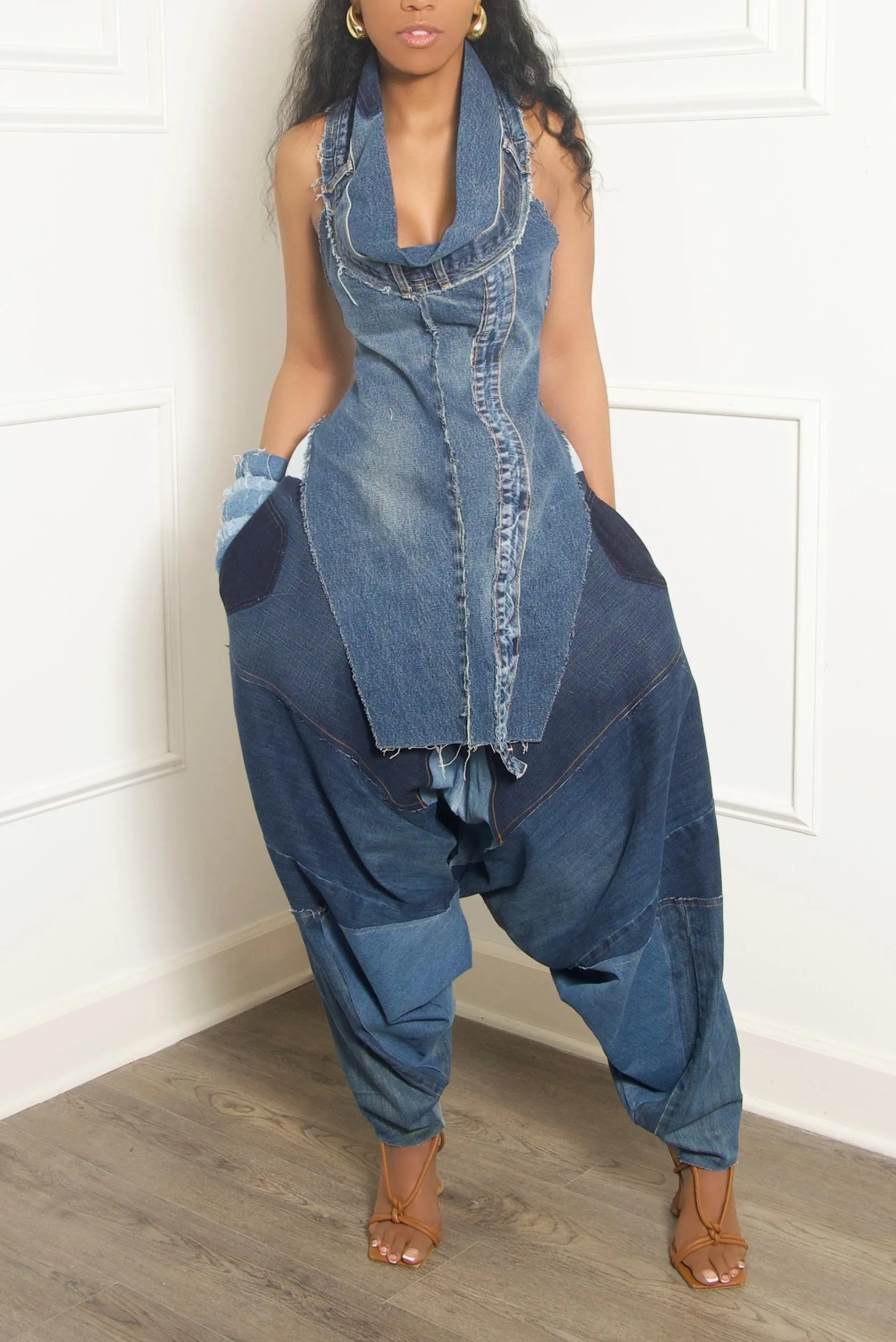 Blue & light Denim waist Patchwork Hangman Harem Pants- MTO