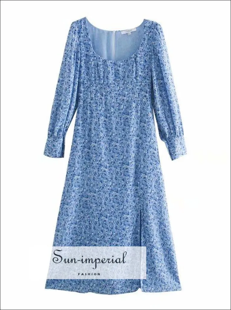 Blue Floral Print front Split Long Sleeve Vintage Midi Dress