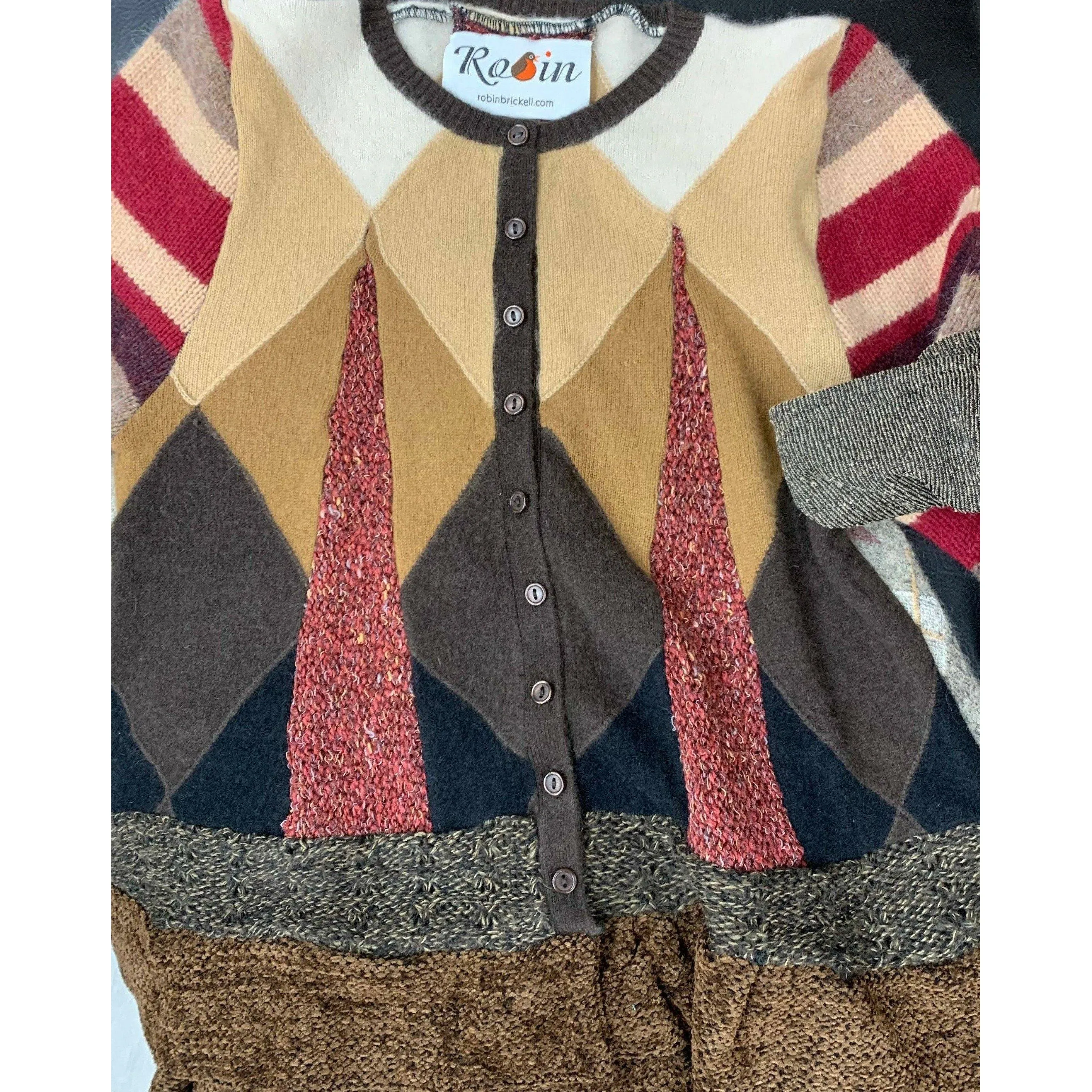 Button front argyle knit cardigan jumper sweater in brown with accents. Wool. Repurposed n new fabrics. Size XSmall, Small to Medium.