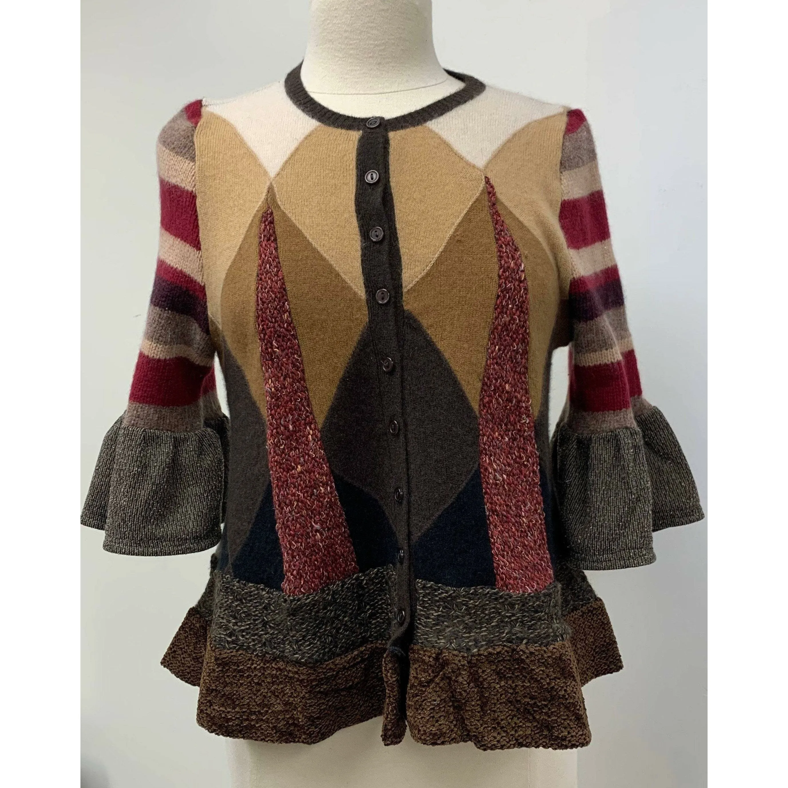 Button front argyle knit cardigan jumper sweater in brown with accents. Wool. Repurposed n new fabrics. Size XSmall, Small to Medium.