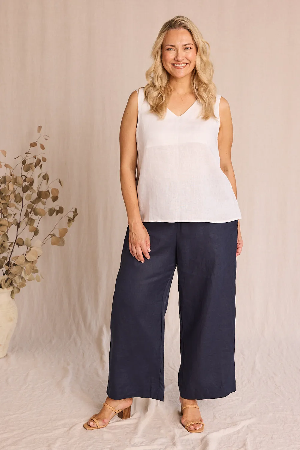 Camille Linen Wide Leg Pant in Navy