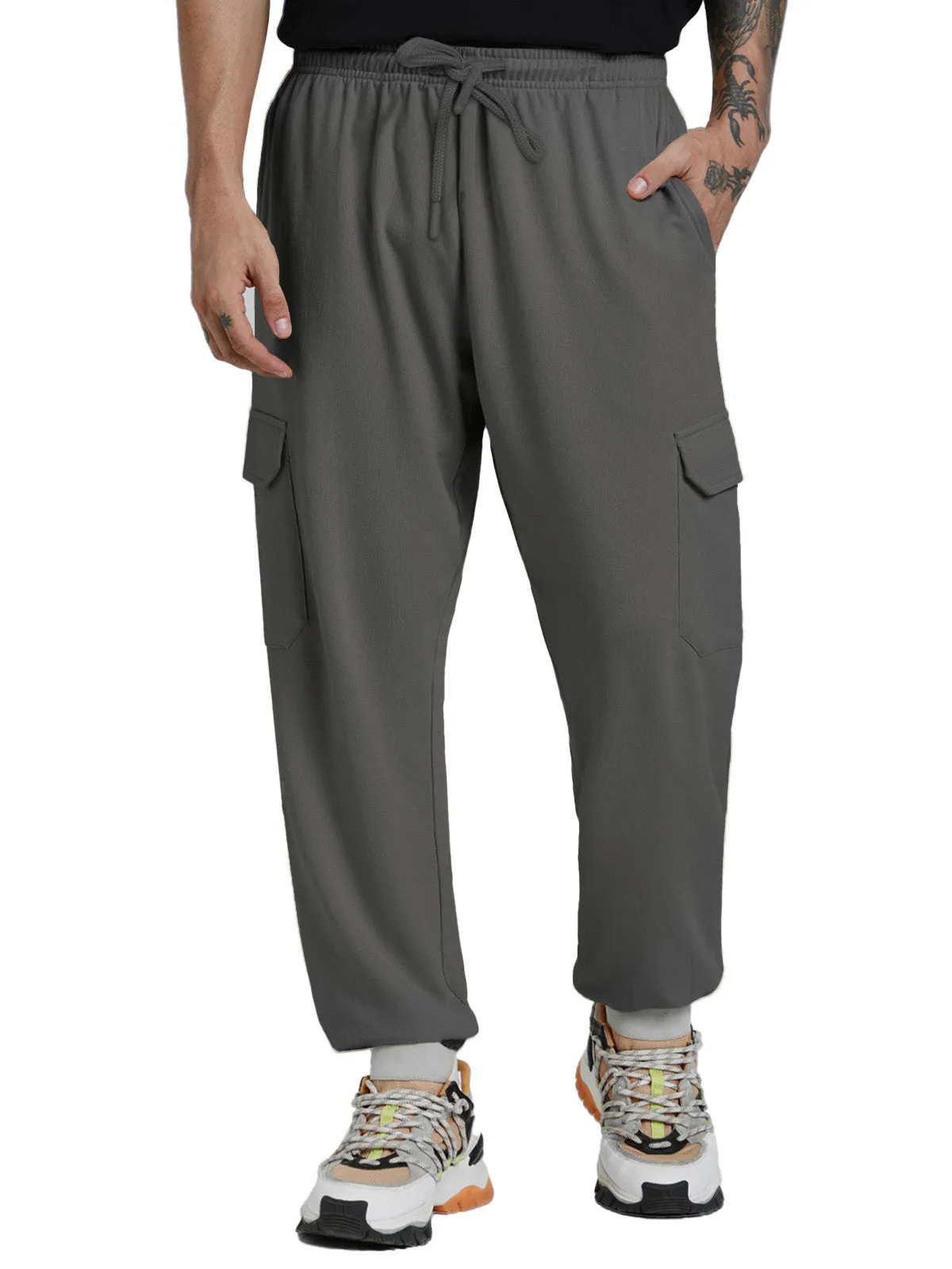 Charcoal Grey Solid Baggy Fit Cargo Joggers